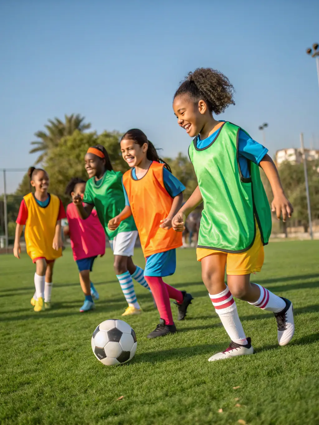 A vibrant image of children participating in a soccer clinic, focusing on skill-building exercises and teamwork, set against a backdrop of a sunny, well-maintained sports field.