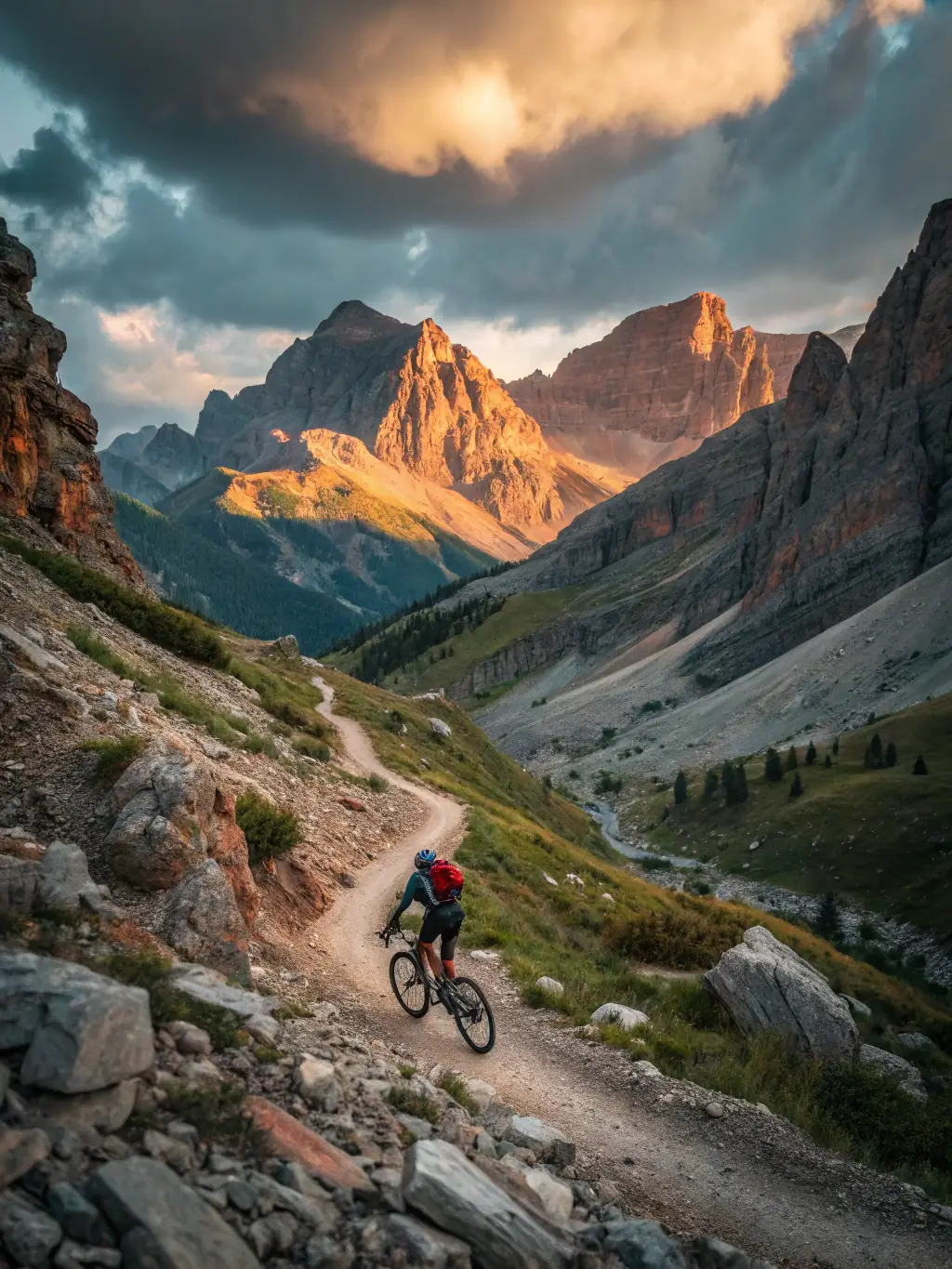 An engaging image of a group cycling through a scenic mountain trail, showcasing the thrill of adventure, physical endurance, and the beauty of nature.