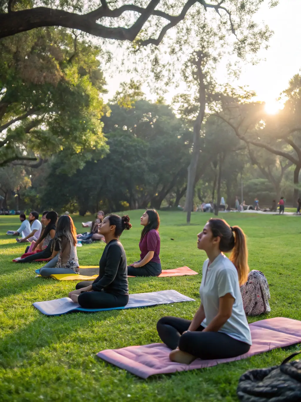 A serene image of a yoga class taking place outdoors in a park, emphasizing relaxation, flexibility, and mindfulness, with participants of varying ages and abilities.