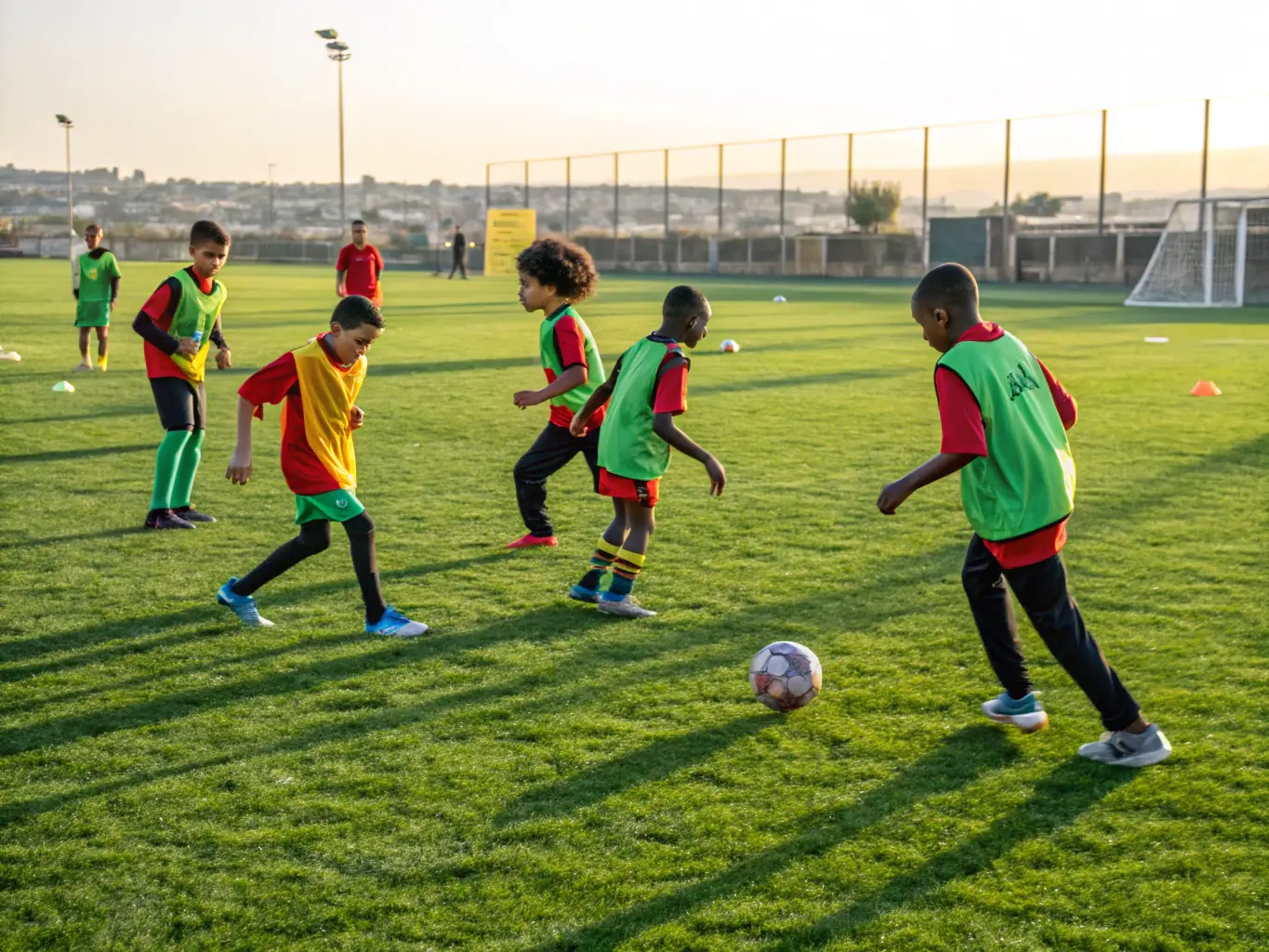 A group of children participating in a soccer training session, focusing on teamwork and skill-building, set in a sunny outdoor field.