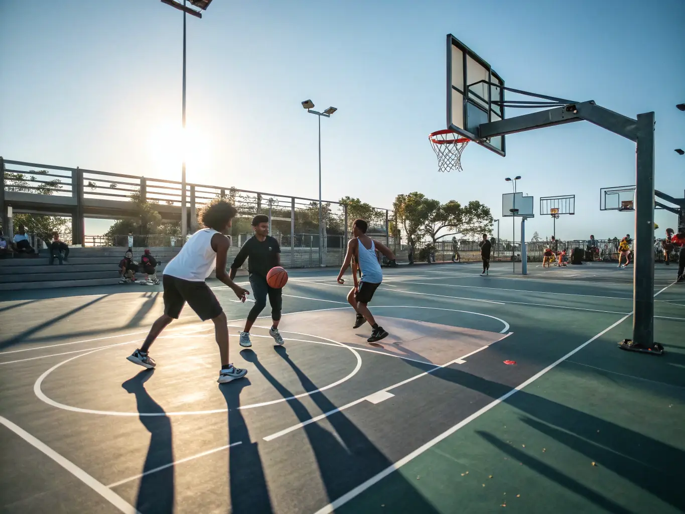 A group of adults playing basketball in an indoor court, highlighting fitness, competition, and camaraderie.